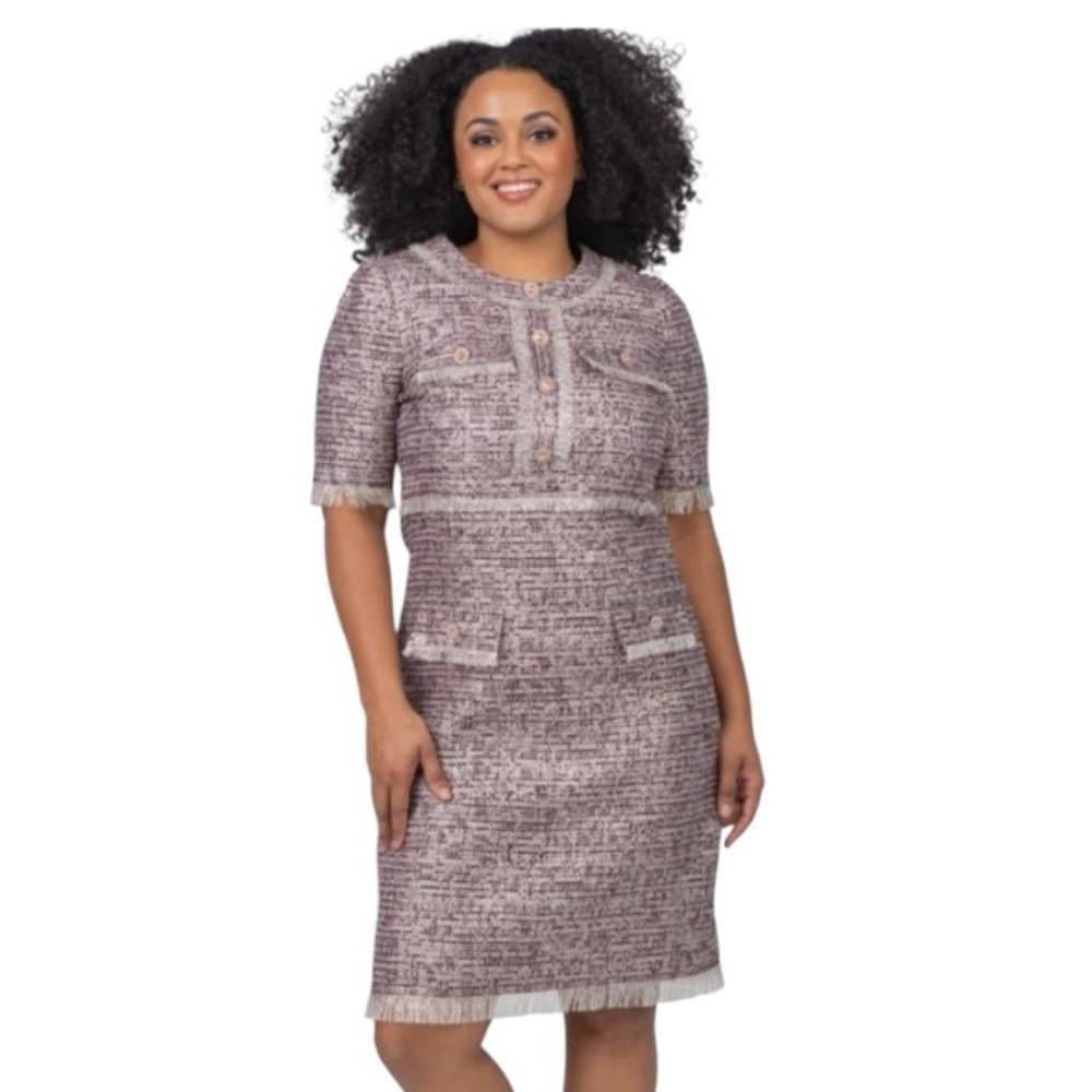 Rickie Freeman for Teri Jon Shimmer Fringe Twim Tweed Dress